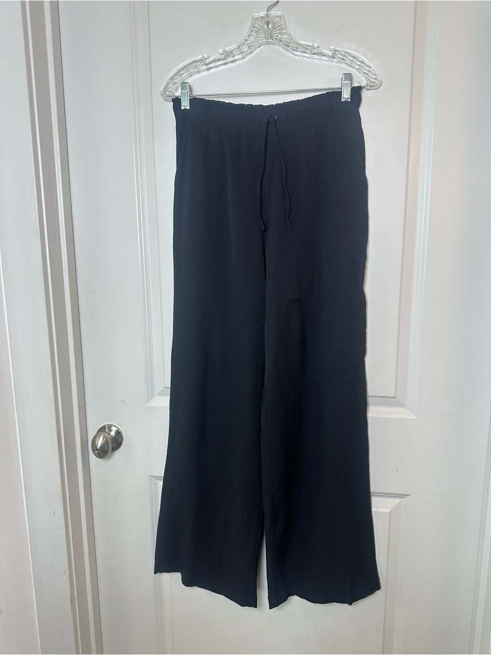 Zara Drawstring Waist Lightweight Wide Leg Crepe Relaxed Black Pants, Size XS
